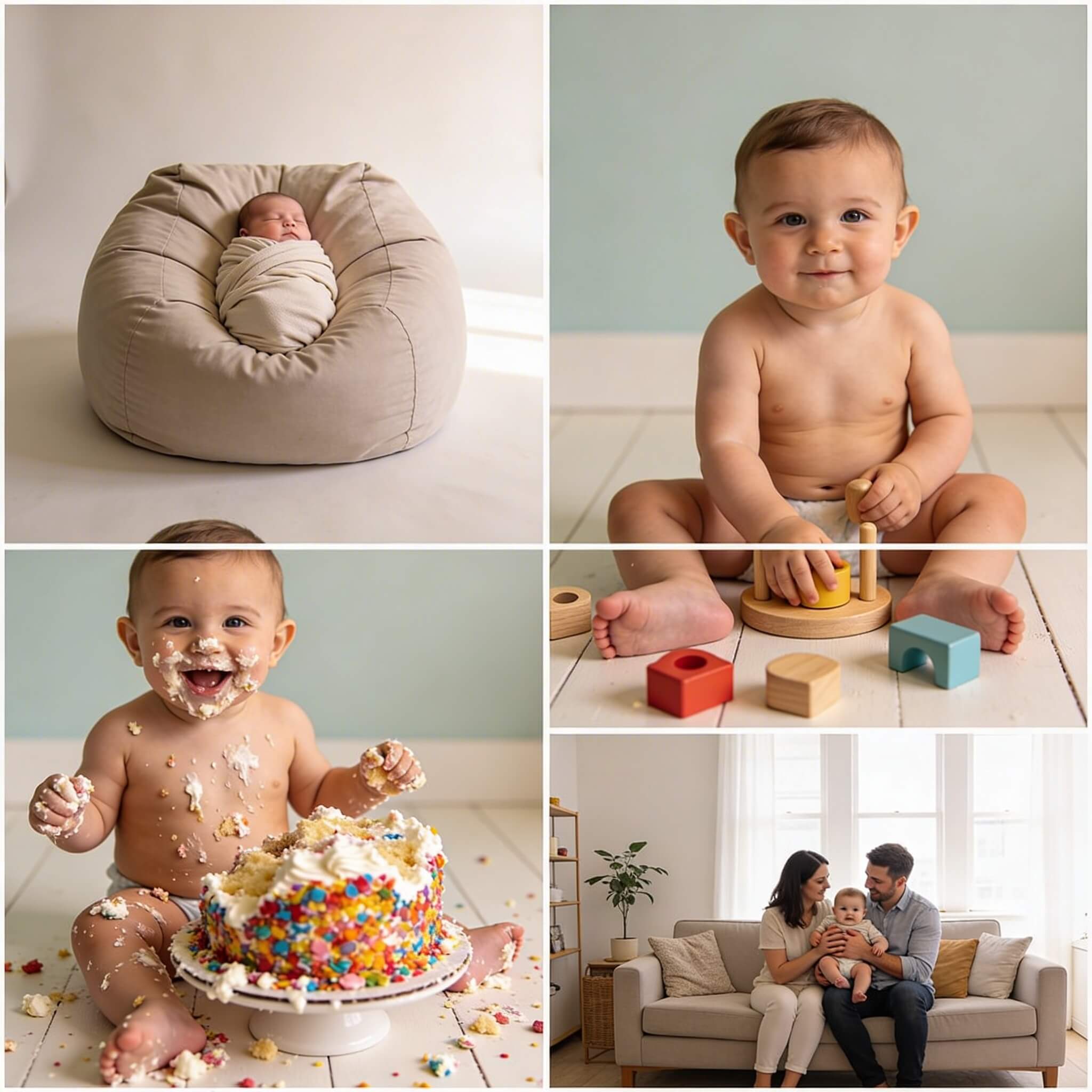 Rastercompositie van vijf types babyfotosessies: newborn posing op een poef, baby van 6 maanden rechtop zittend, Smash the Cake, speelgoed en lifestyle gezinssessie thuis