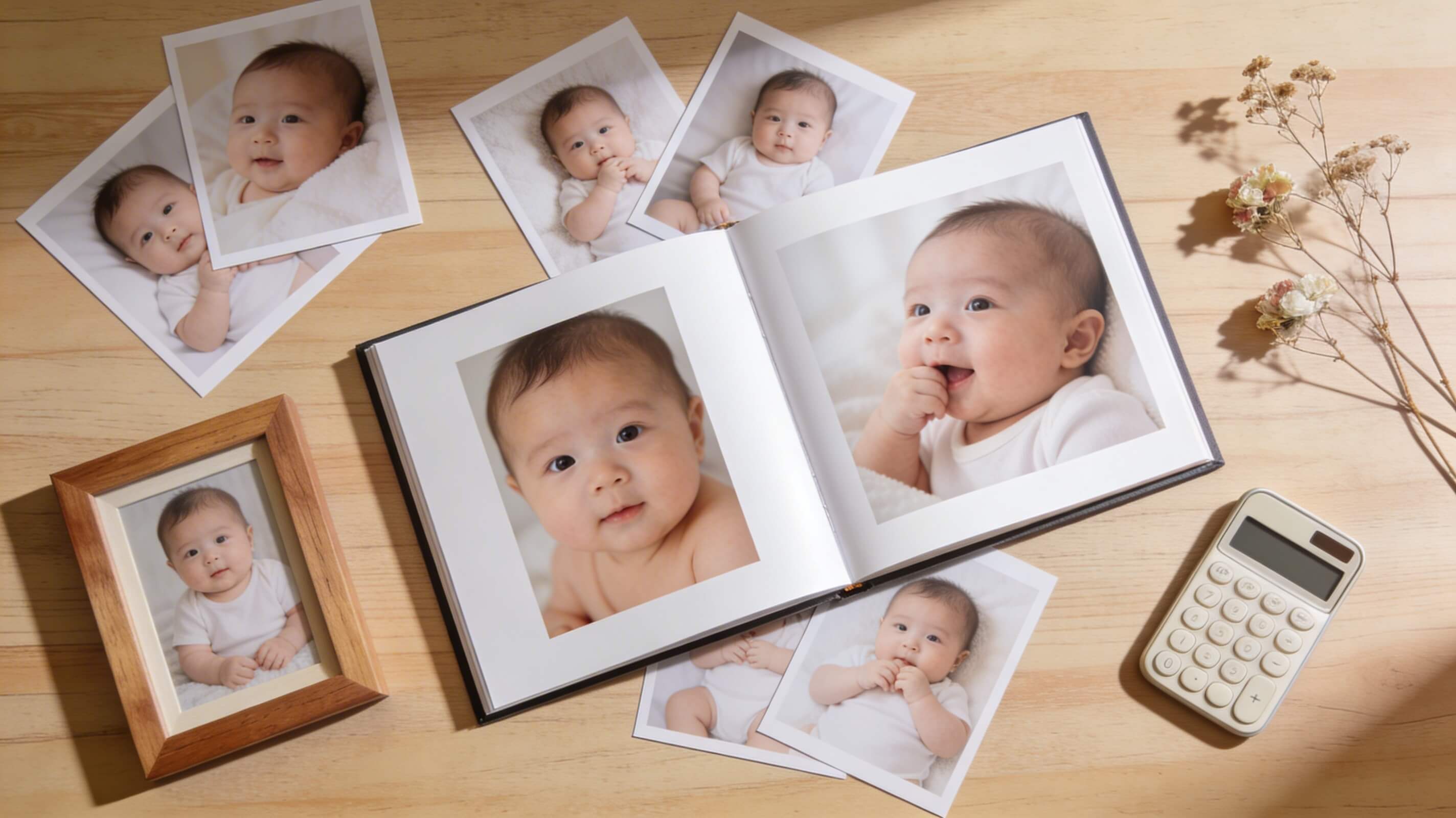 Flatlay op houten tafel met een open babyalbum, fotoafdrukken, een fotolijstje en een rekenmachine, ter illustratie van de prijs-kwaliteitverhouding van een babyfotosessie in Nederland
