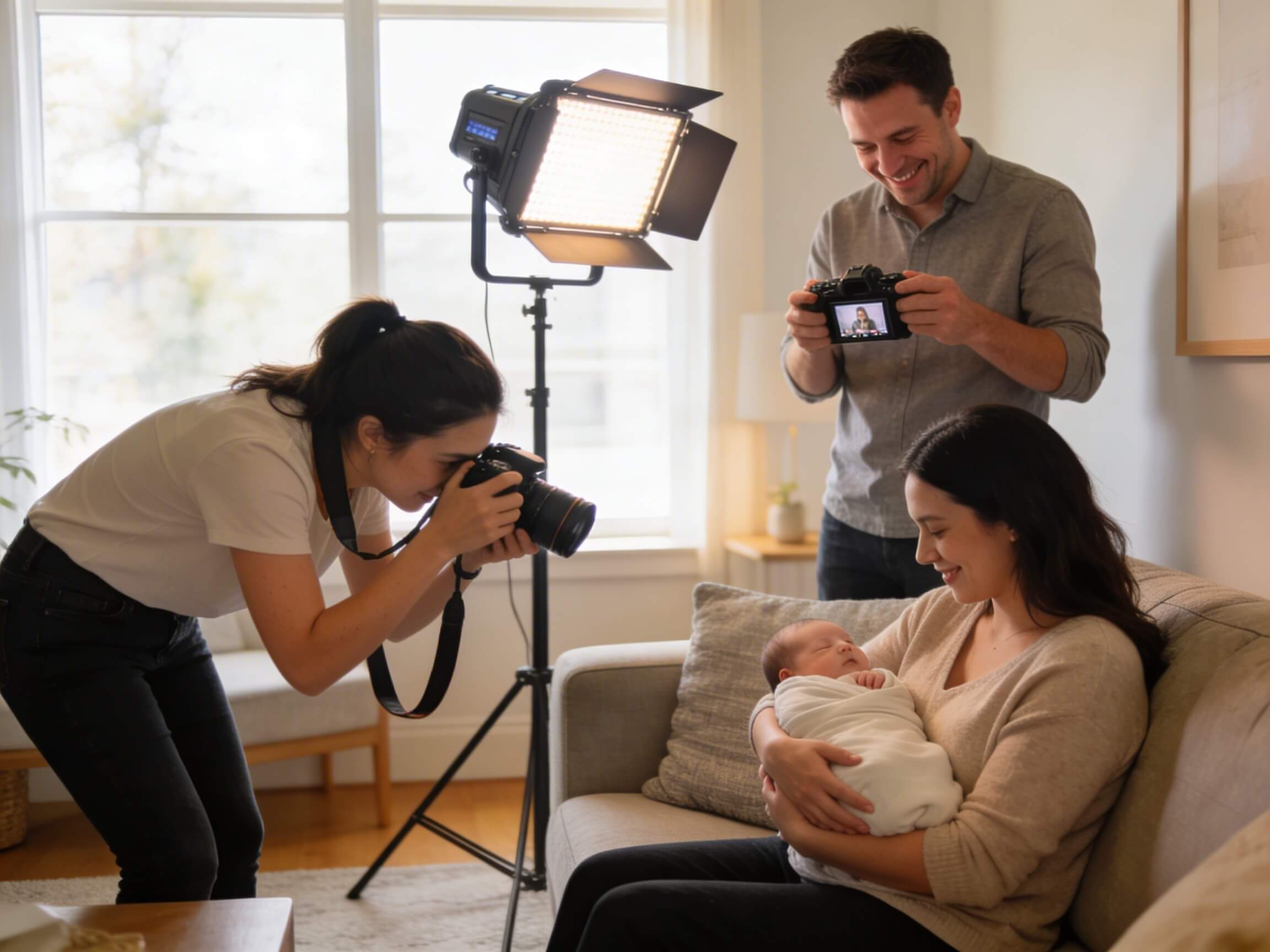 Professionele babyfotograaf in actie tijdens een aan-huissessie, met draagbare belichting en assistent, die een baby vastlegt in de armen van zijn mama op een bank in een lichte woonkamer