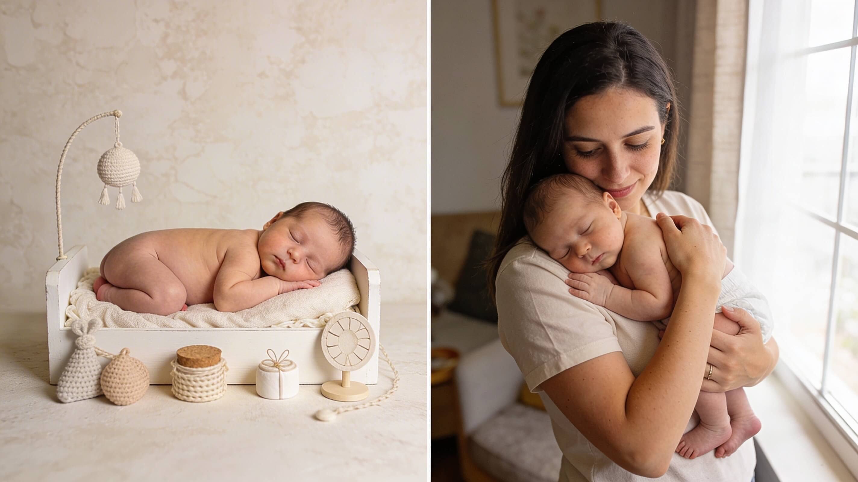 Zij-aan-zij vergelijking: links een artistieke studio newbornfoto van een slapende baby in een wit mandje met accessoires, rechts een natuurlijke lifestyle foto van een mama die haar baby teder vasthoudt bij een raam