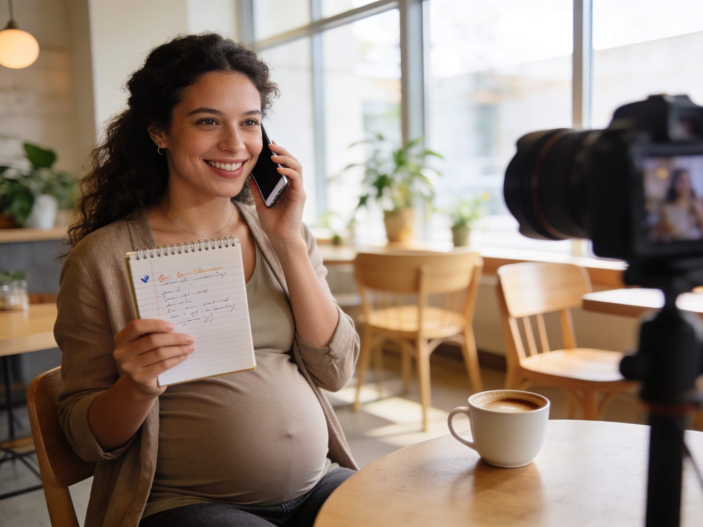 Glimlachende zwangere vrouw aan de telefoon met een notitieboekje in de hand, ter illustratie van de voorbereiding van de lijst met vragen die je moet stellen voor je een babyfotosessie boekt
