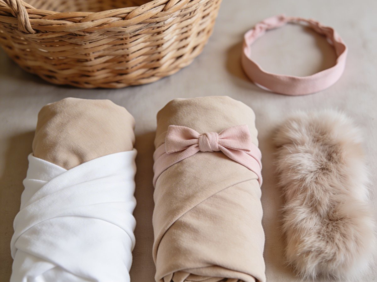 Minimalistische fotografische accessoires voor baby: wraps, haarbandsjes en zachte texturen