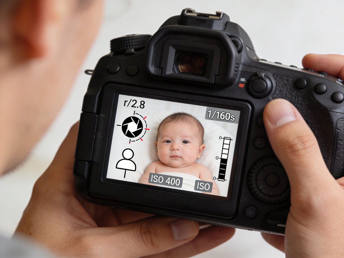 Camerascherm met aanbevolen instellingen voor het fotograferen van een baby