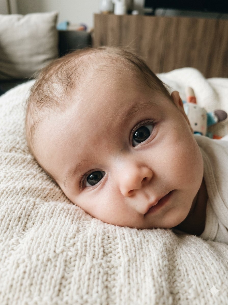 Baby van 3 maanden wakker op zijn buik, hoofd optillend tijdens een lifestyle babyfotoshoot