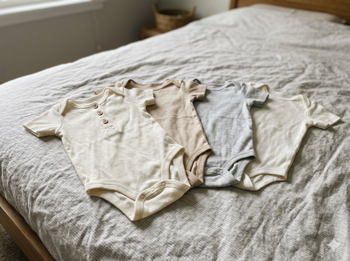Selectie eenvoudige neutrale outfits voor babyfotoshoot 3 maanden uitgestald op een tafel