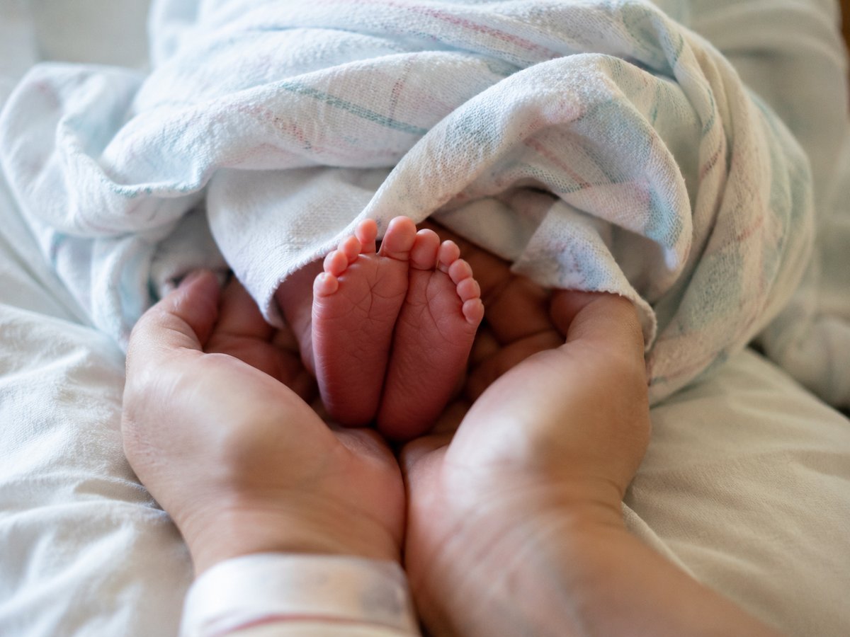 Close-up van de handen en voeten van een pasgeboren baby in het ziekenhuis, zacht natuurlijk licht