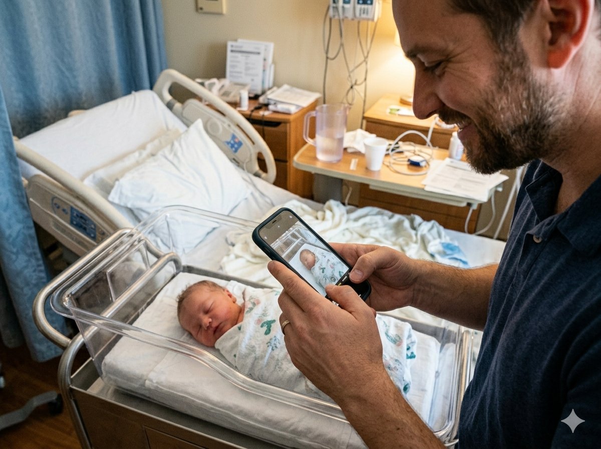 Geboortfotograaf die discreet de eerste momenten in de verloskamer vastlegt, op de achtergrond