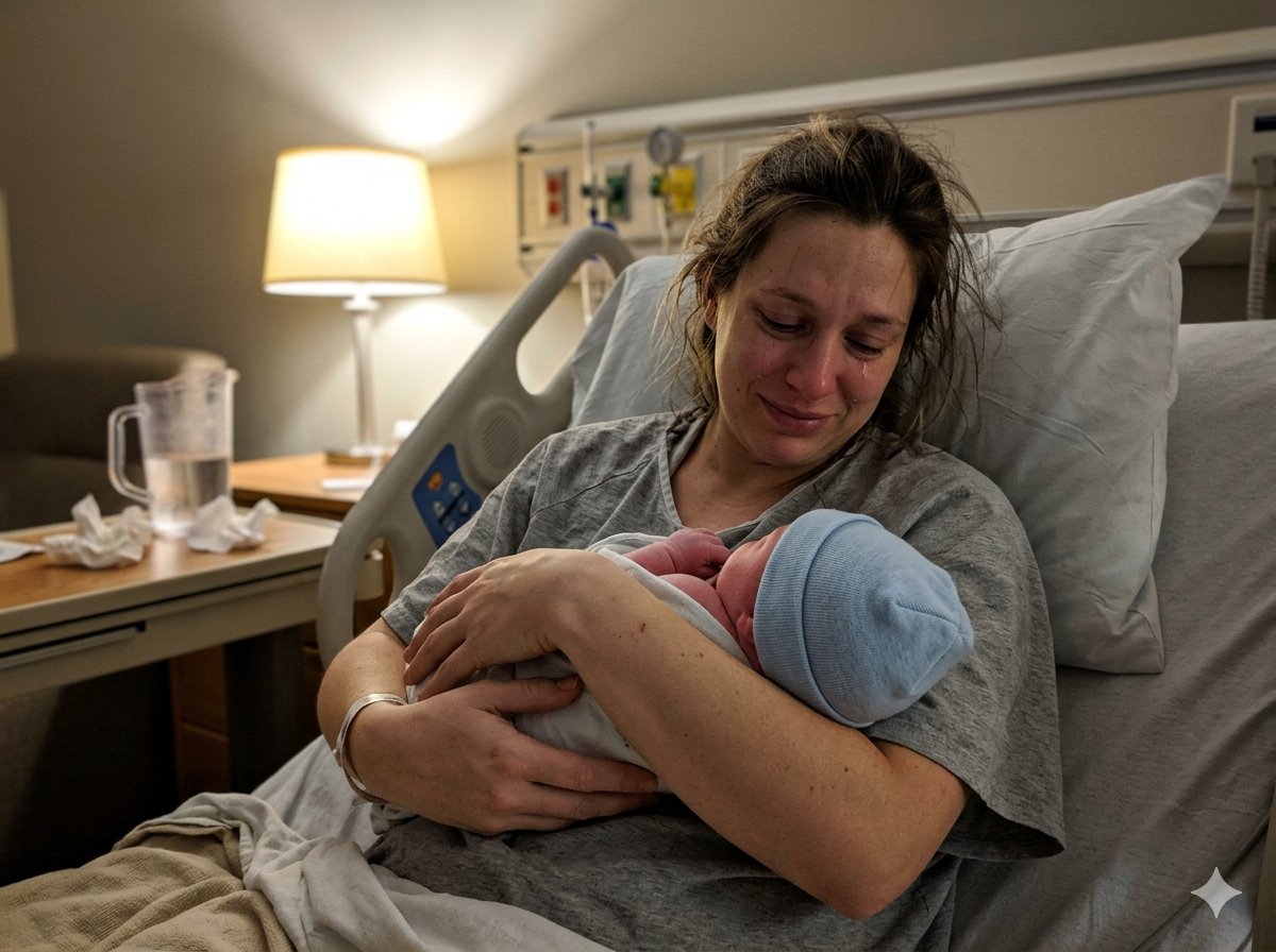 Pasgeboren baby in de armen van zijn moeder in het ziekenhuis, eerste uren na de geboorte