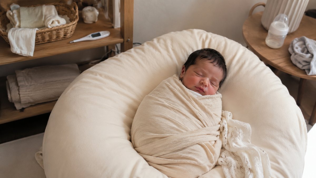 Pasgeboren baby van 7 dagen oud slapend ingepakt in een zachte wrap tijdens een professionele newborn fotoshoot