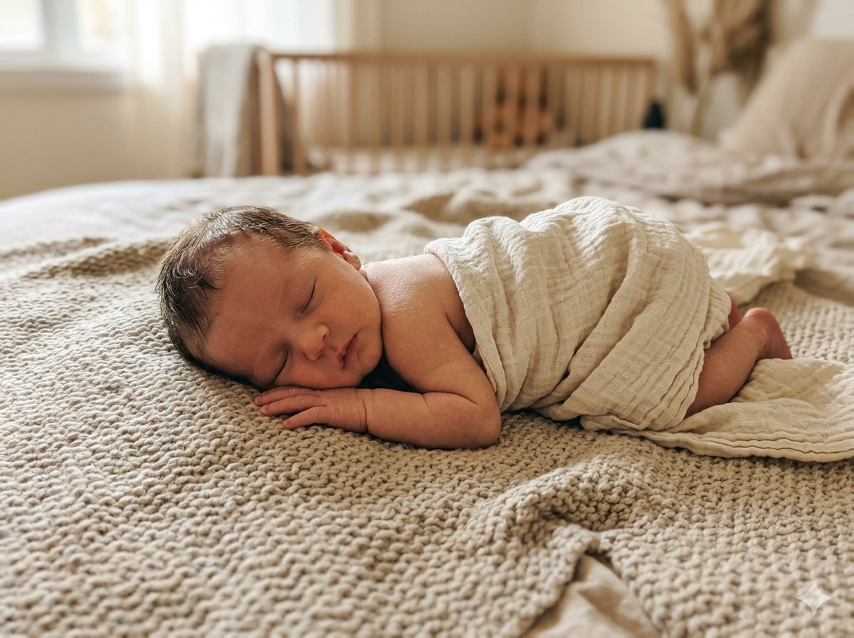 Lifestyle newborn foto: de baby slaapt thuis op bed in daglicht