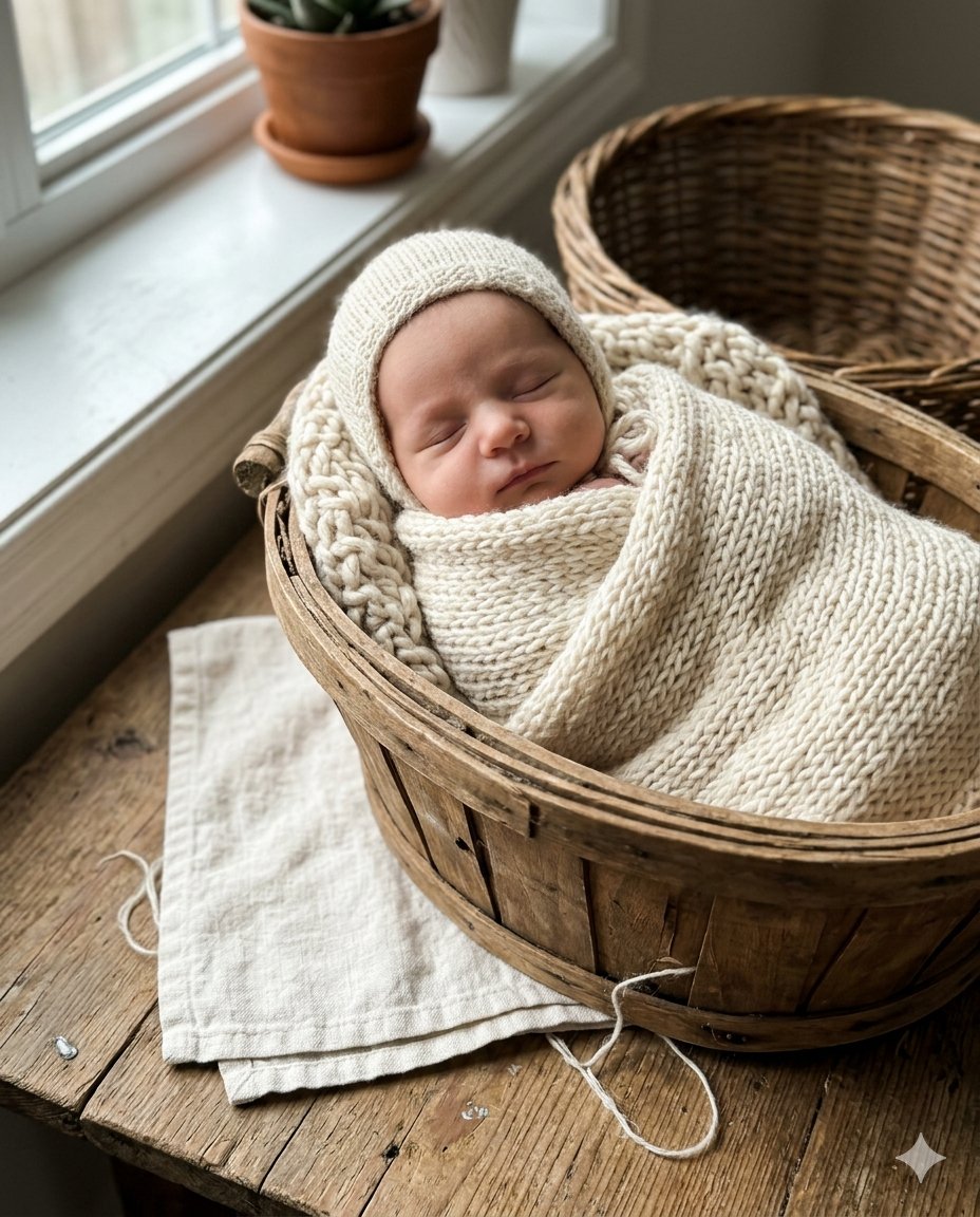 Pasgeboren baby gewikkeld in een cremekleurige wrap, liggend in een rieten mandje voor een newborn fotoshoot