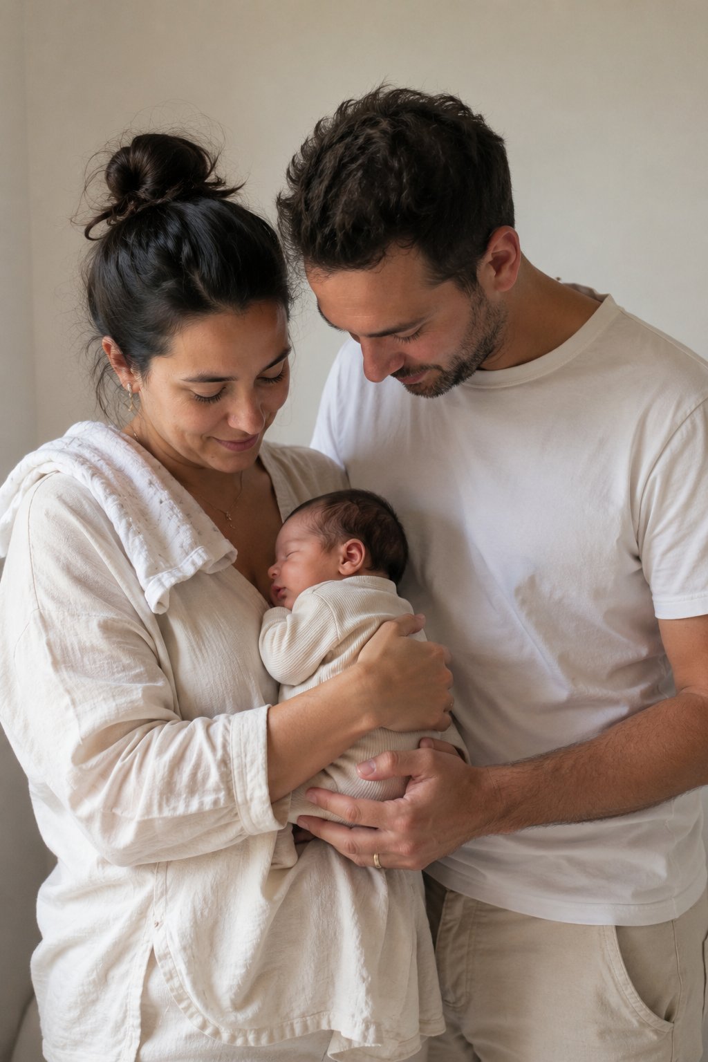 Ouders in neutrale effen kledij houden pasgeboren baby vast tijdens een warme, intieme lifestyle fotoshoot