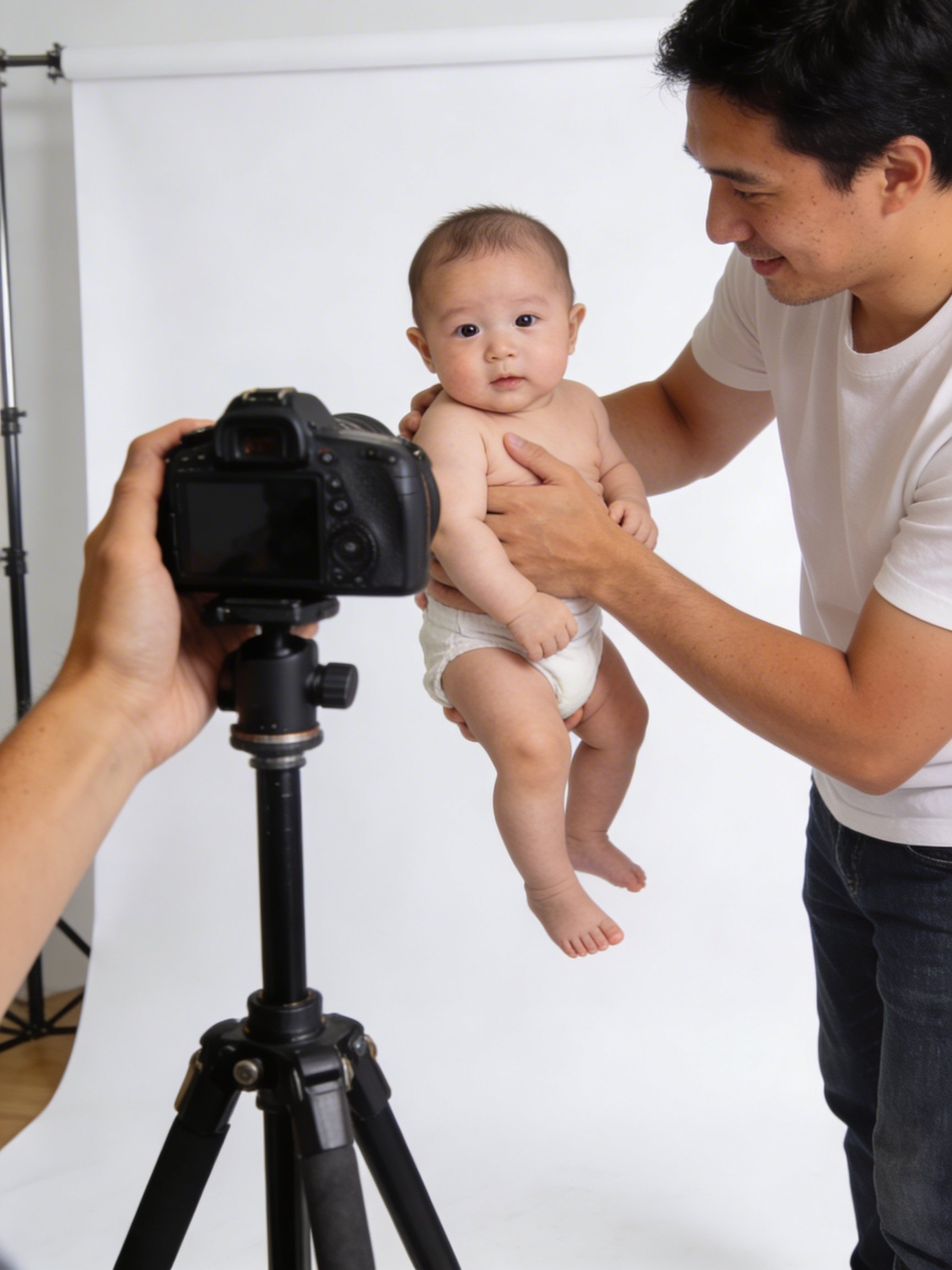 Professionele babyfotograaf die pasfoto maakt van baby met aangepaste apparatuur