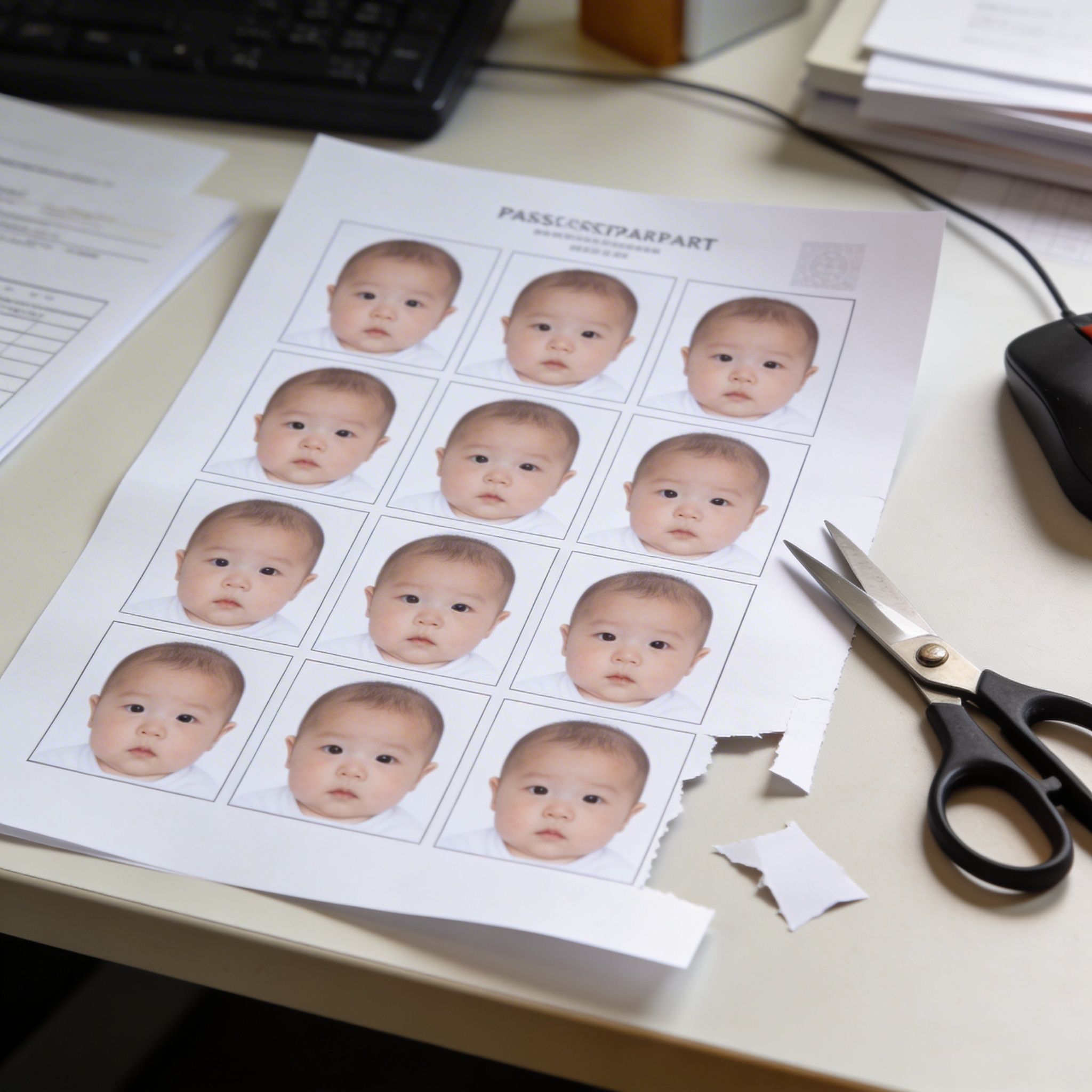 Afgedrukt vel met babypasfotos klaar om te knippen
