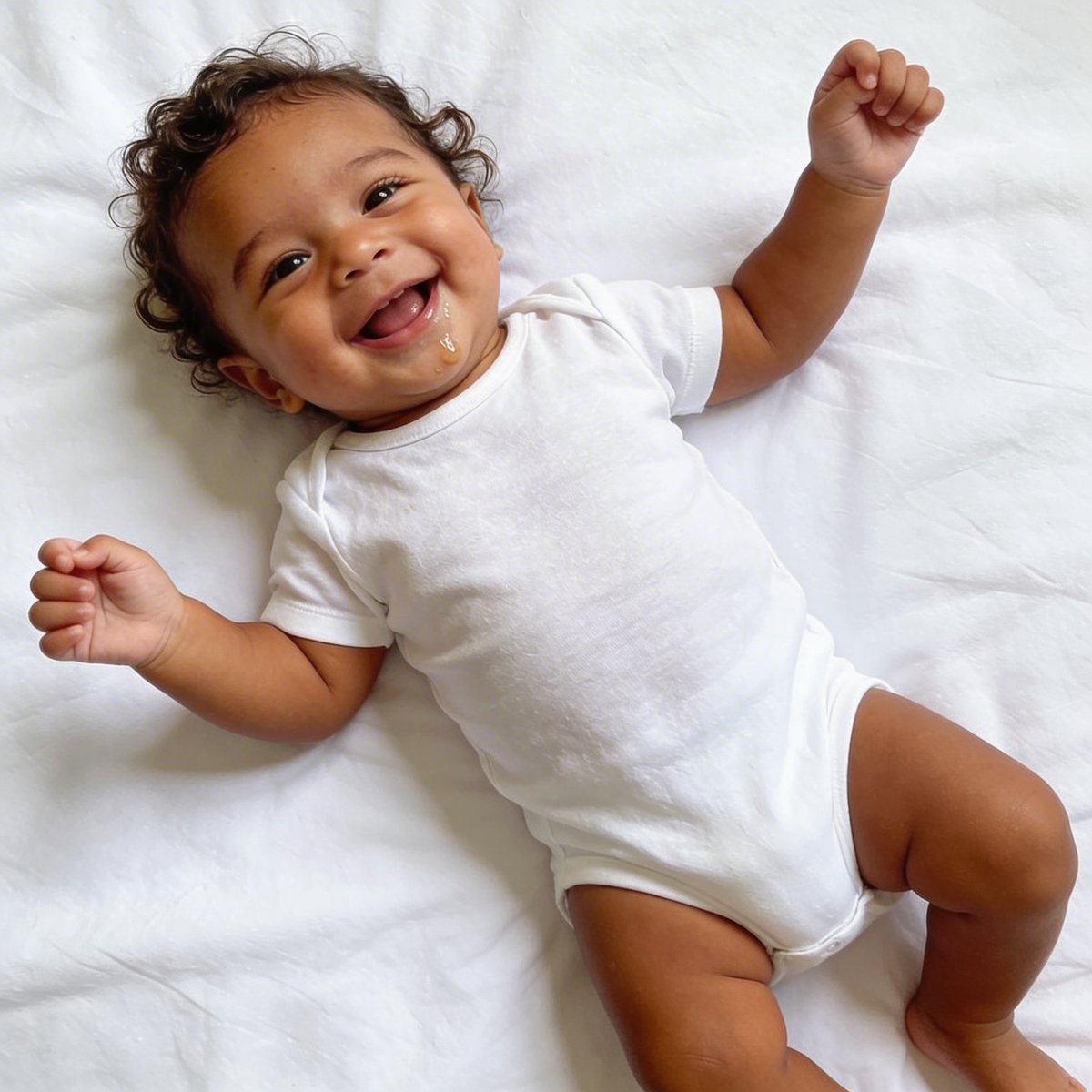 Baby van 2-3 maanden liggend op de rug met een grote wakker lach