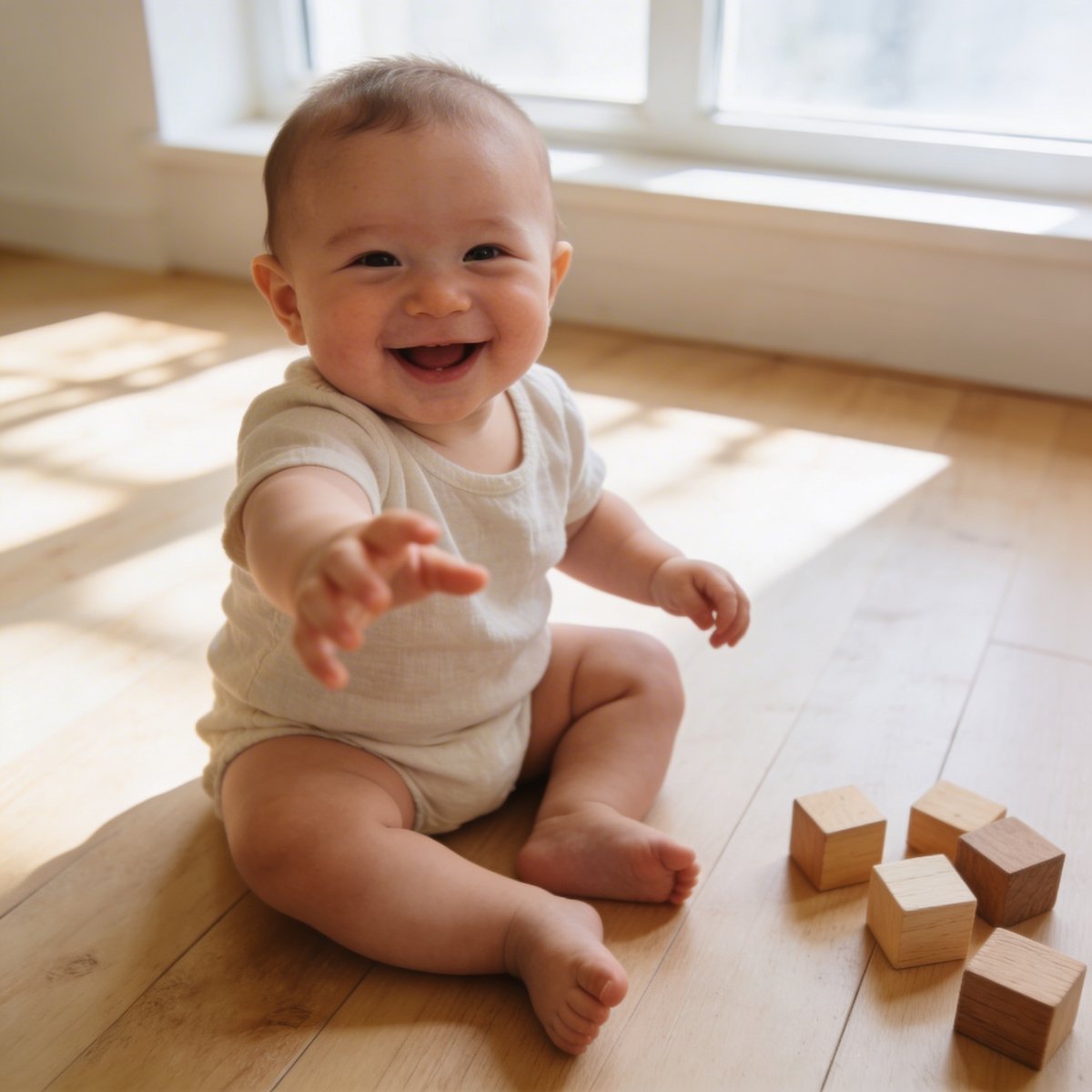 Baby van 6-9 maanden zelfstandig zittend met een grote glimlach tijdens een babyfotoshoot