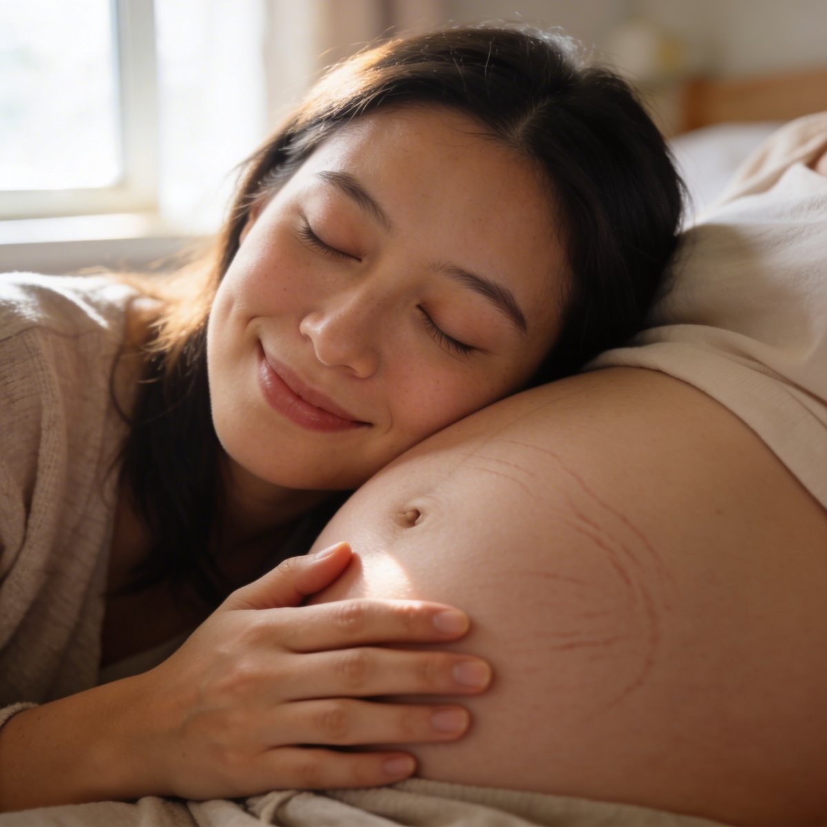 Zwangere vrouw in een intiem moment, zacht natuurlijk licht
