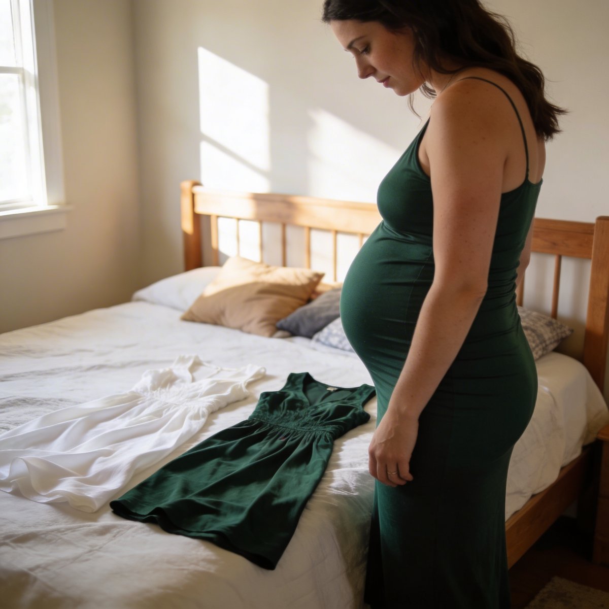 Aanstaande mama die haar zwangerschapsfotoshoot voorbereidt met kleding en accessoires